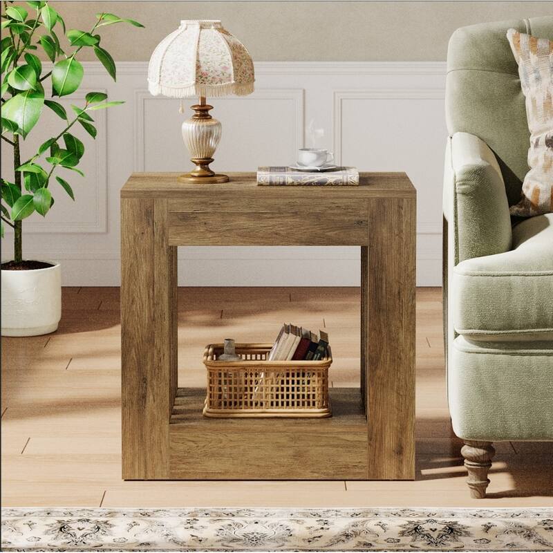 2 Tier Side Table for Living Room, Rectangular Couch End Table with Storage for Bedroom, Farmhouse Style
