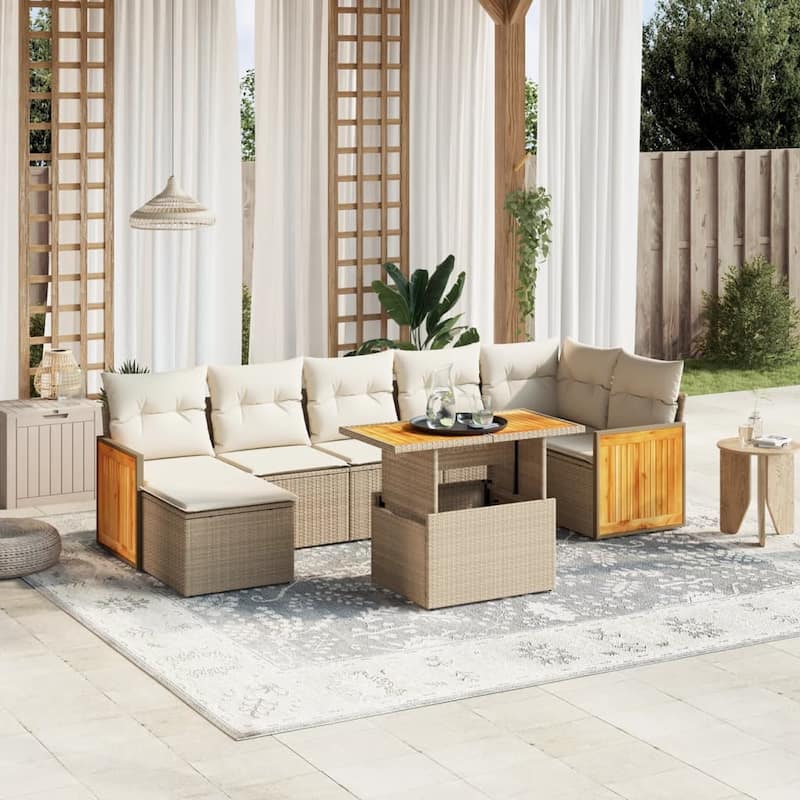 vidaXL Patio Sofa Set with Cushions Modular Conversation Set 8 Piece Poly Rattan - 21.7 x 39.4 x 28.7 in - Beige and cream