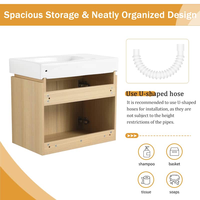 Malwee 24" Floating Bathroom Vanity,Wall Mounted Bathroom Vanity with Ceramic Sink and Soft Close Door - 23.6"×14.4"×21.3"