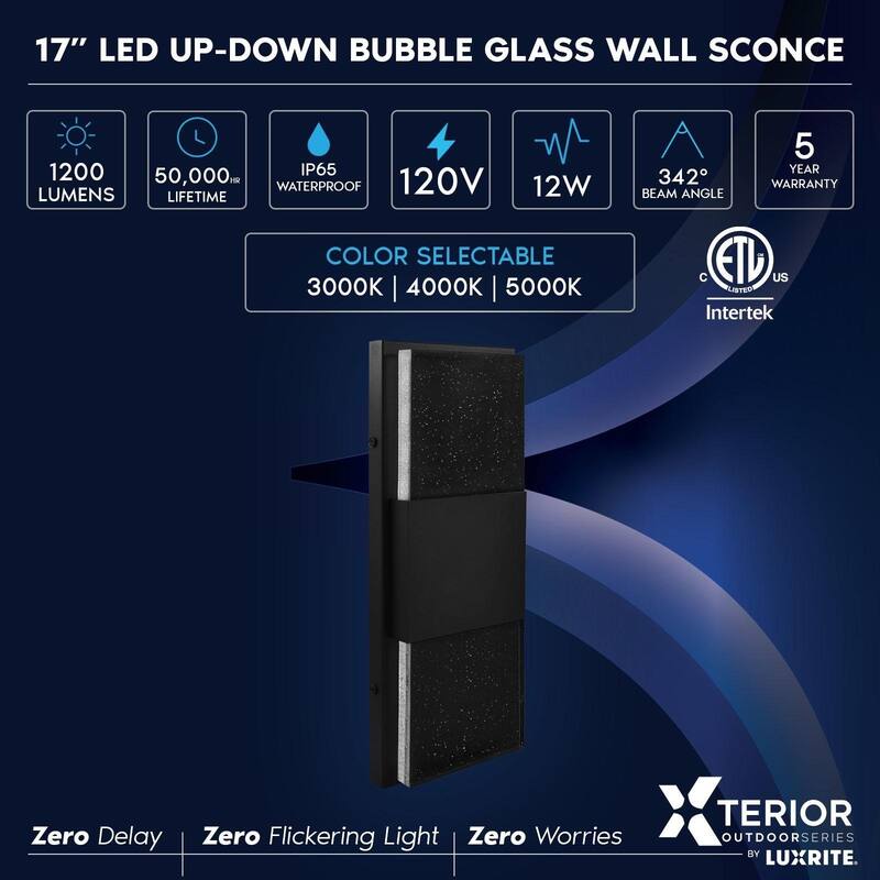 Luxrite Up Down LED Bubble Glass Outdoor Wall Light, 17 Inch, 3CCT 3000K 4000K 5000K, IP65 Waterproof, 12W, Aluminum,...