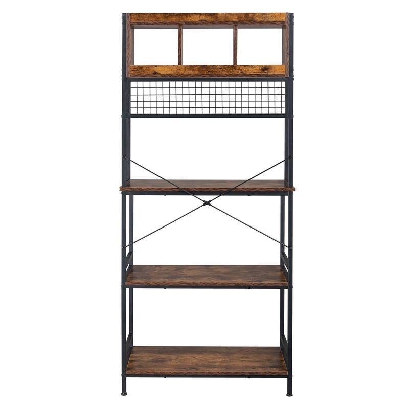 5Tier Kitchen Bakers Rack with 10 S Hooks and 3 Cubes Rustic Brown