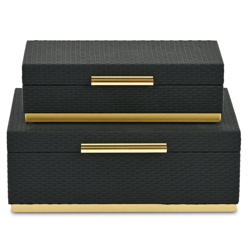 Tamsin Set of 2 Rectangular Decorative Storage Boxes - Wicker Weave Pattern with Gold Hardware