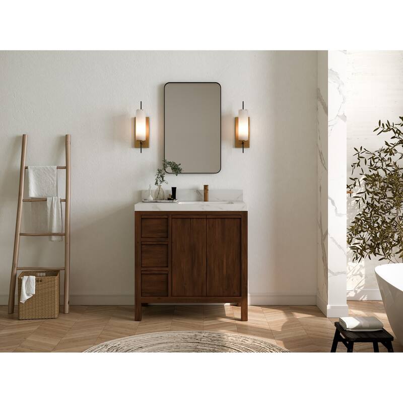 Willow Collections 36 in. W x 22 in. D Elizabeth Solid Teak Right Offset Sink Bathroom Vanity with Countertop