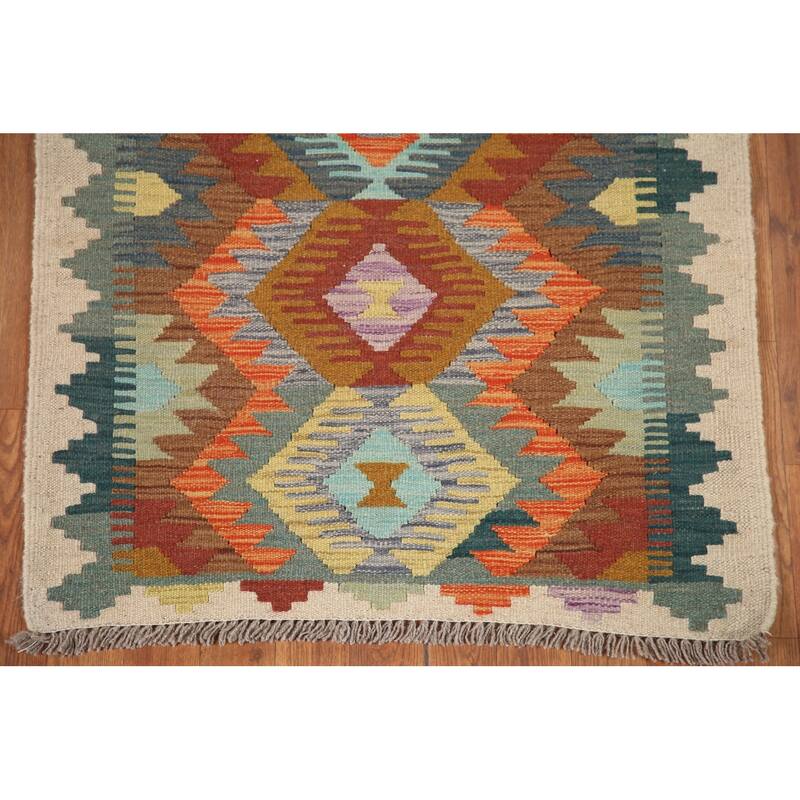 Hand Woven Oriental 100% Wool Carpet Southwestern Geometric Multi-Colored Kilim Runner Rug - 12' 3'' X 2' 9''