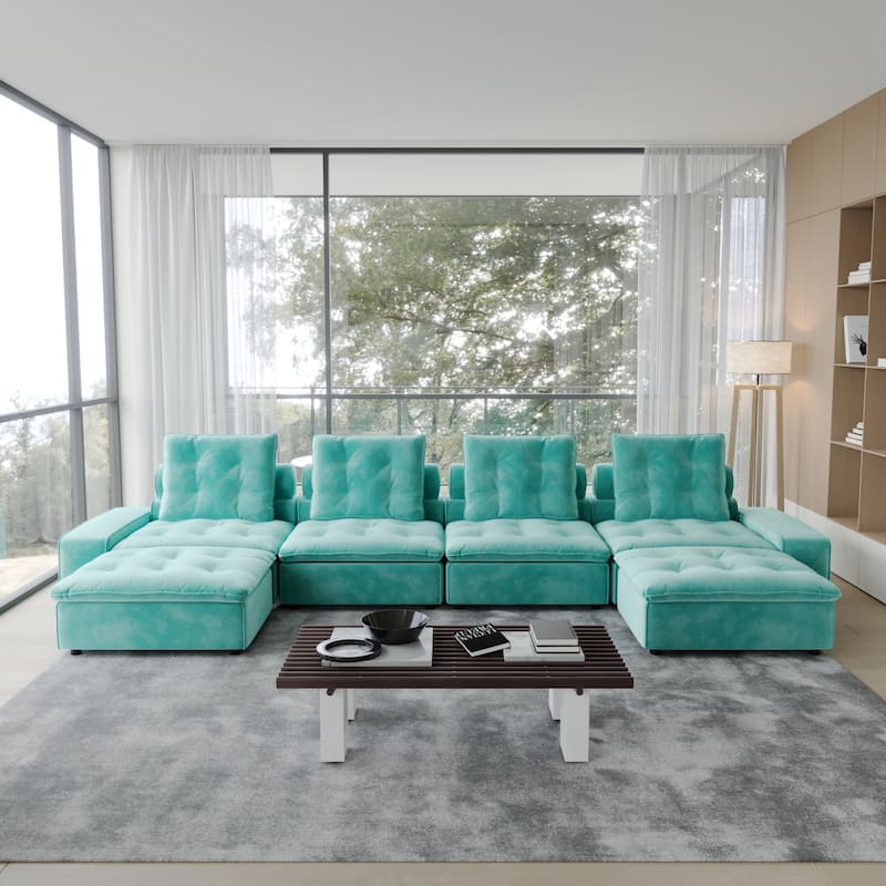 Oversized Down Filled Sectional Couches for Living Room U-Shaped Modular Couch,Adjustable Backrest - Tiffany Blue-6 seats
