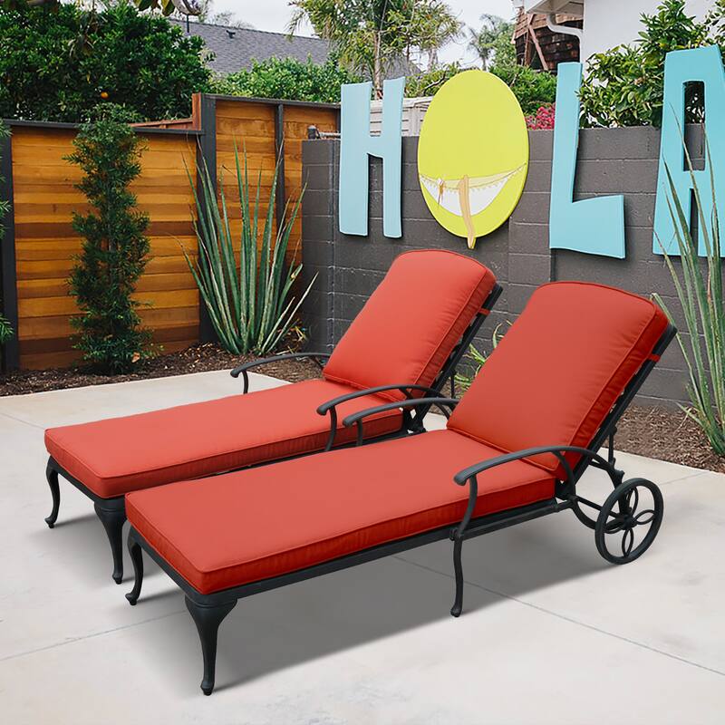 Aluminum Reclining Outdoor Chaise Lounge with Wheels and Cushions (Set Of 2)