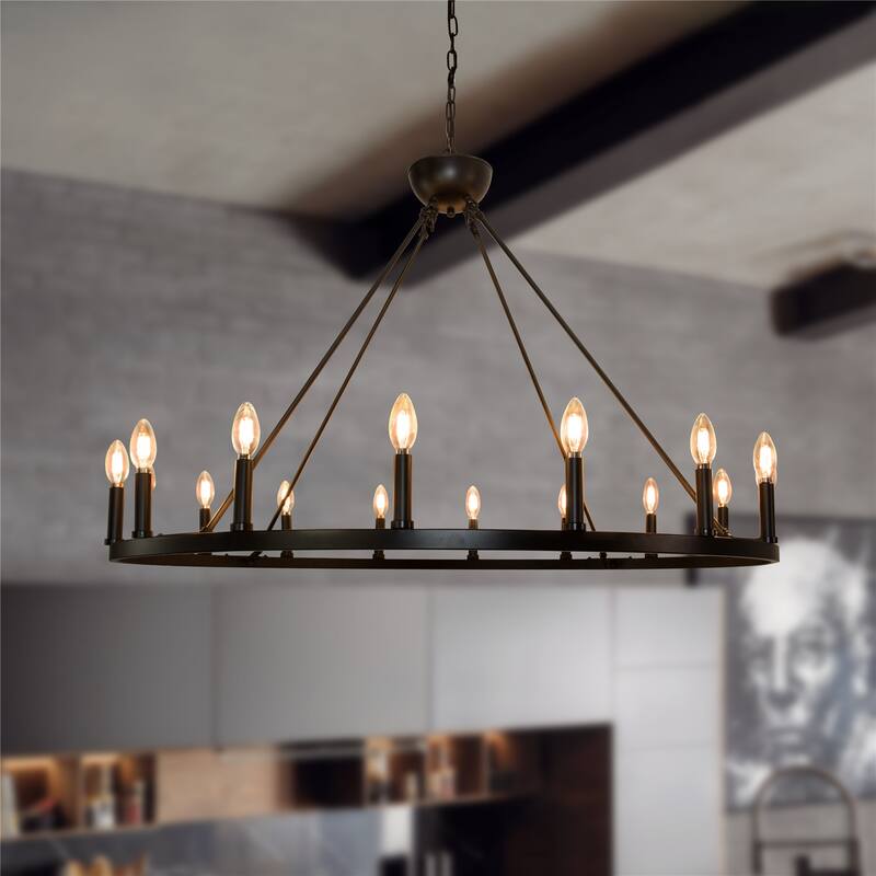 12 Light Chandelier Wagon Wheel (37” Wide) Matte Black Steel Frame