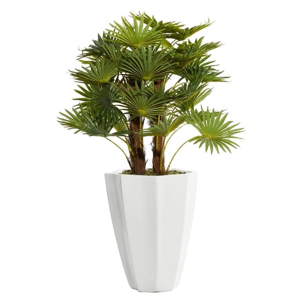 Green Faux Foliage Majesty Palm Indoor Outdoor Artificial Plant with Realistic Leaves and White Fiberglass Pot - 35"W, 54"H
