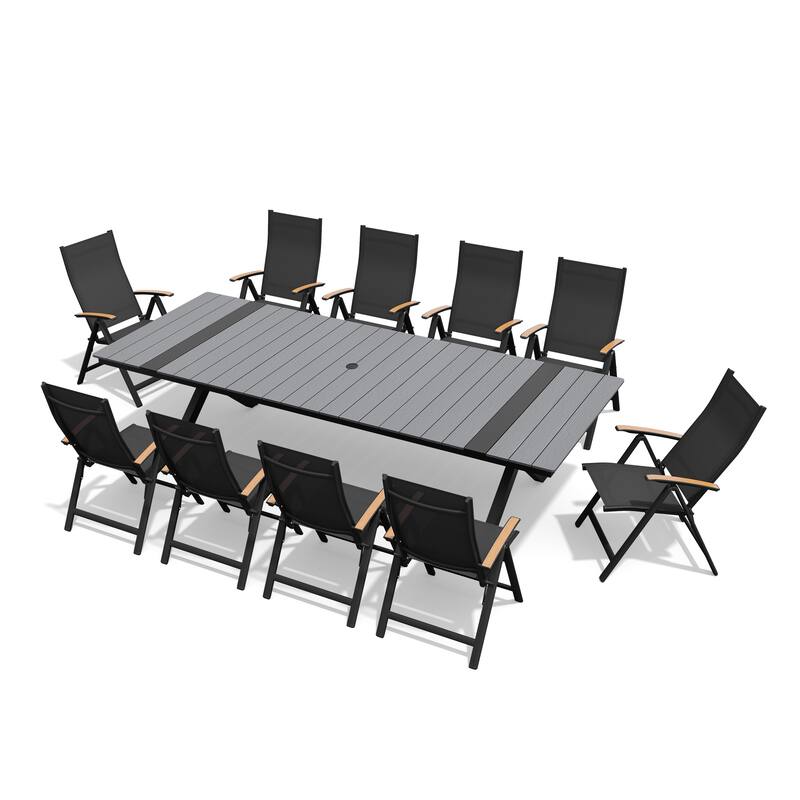11-Piece Set Outdoor Aluminum Dining Table with Umbrella Hole and Foldable Chairs