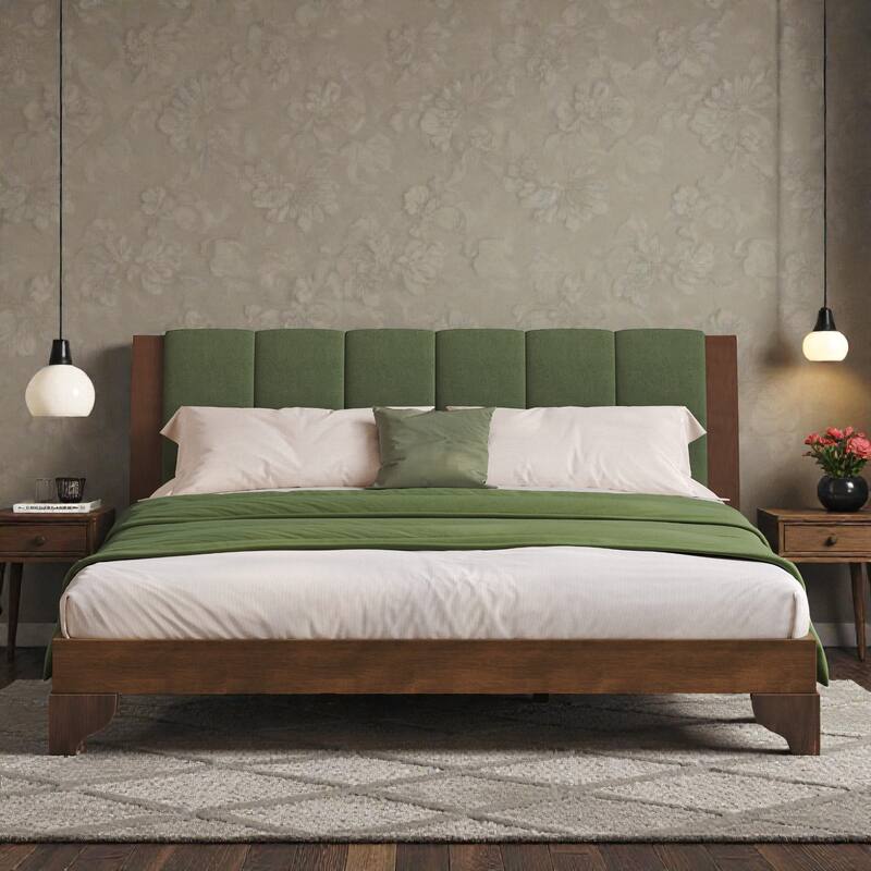 Premium Pine Wood Queen/King Bed Frame with Headboard, Mid Century Modern Platform Bed, Sturdy MDF Construction