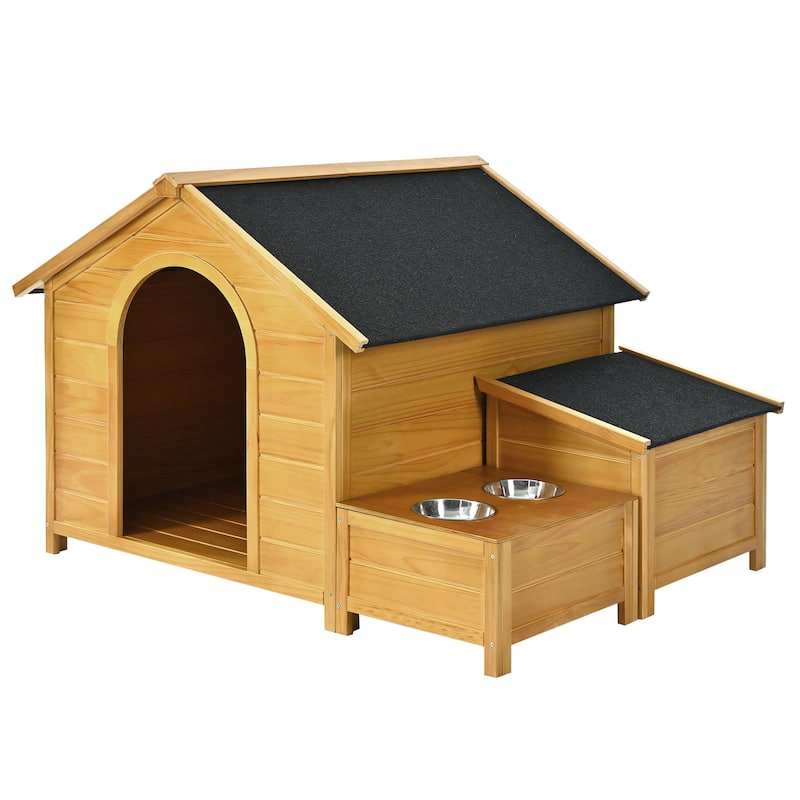 Outdoor Wooden Elevated Dog House Pet House with Feeder, Storage Box, Weatherproof, Suitable for Medium and Large Dogs