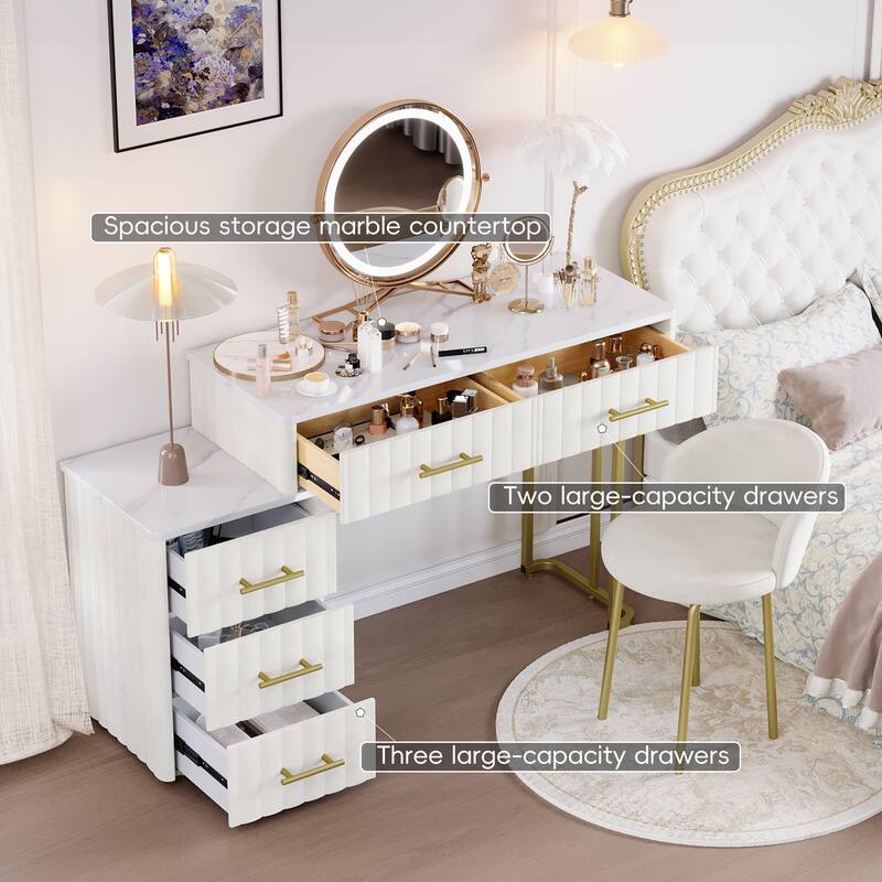 Velvet Upholstered Vanity Desk with Chair, Vanity Set with 5 Big Drawers, Makeup Table with Padded Chair