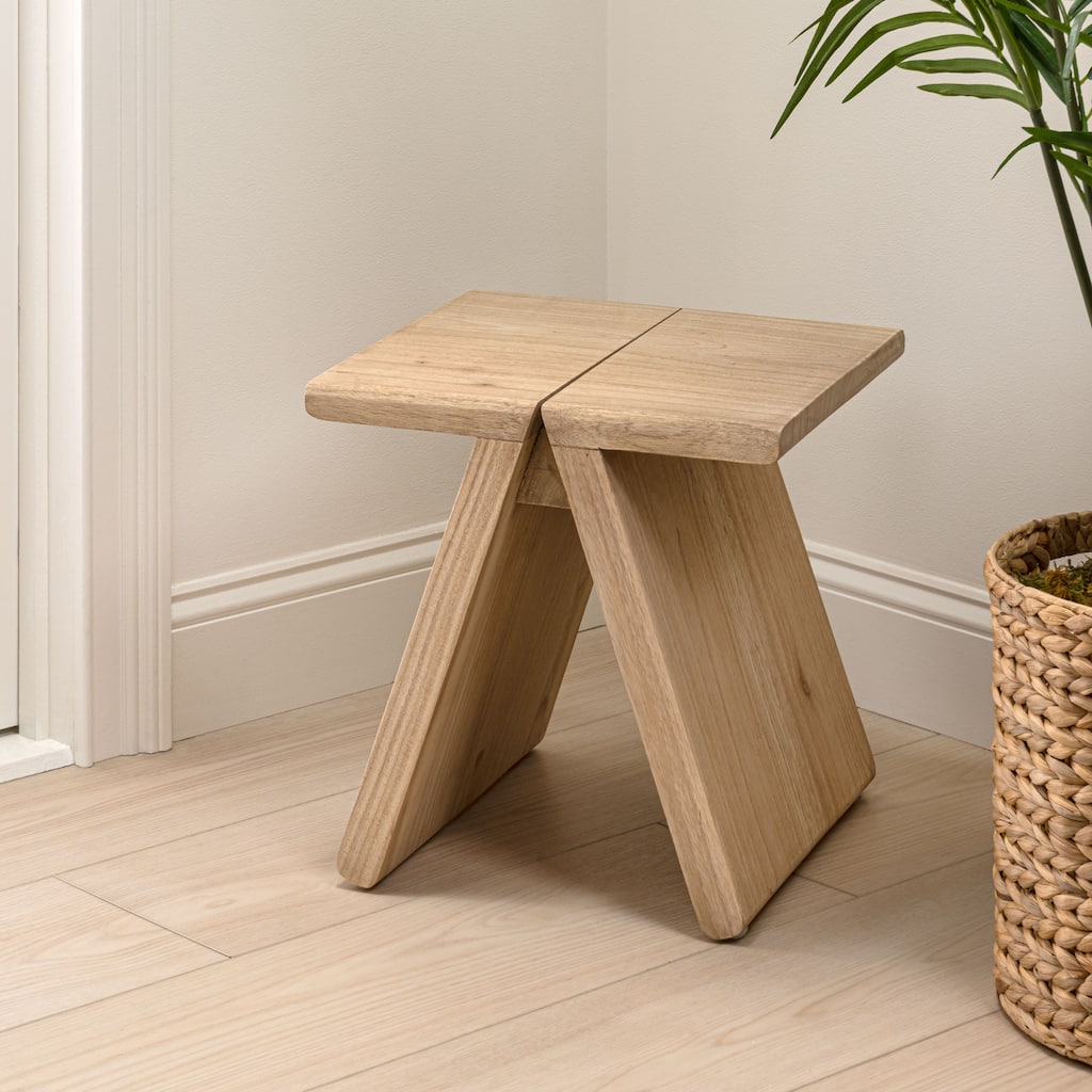 JONATHAN Y Jack Rustic Scandinavian Handcrafted Solid Mindi Wood Sculptural Base Accent Stool