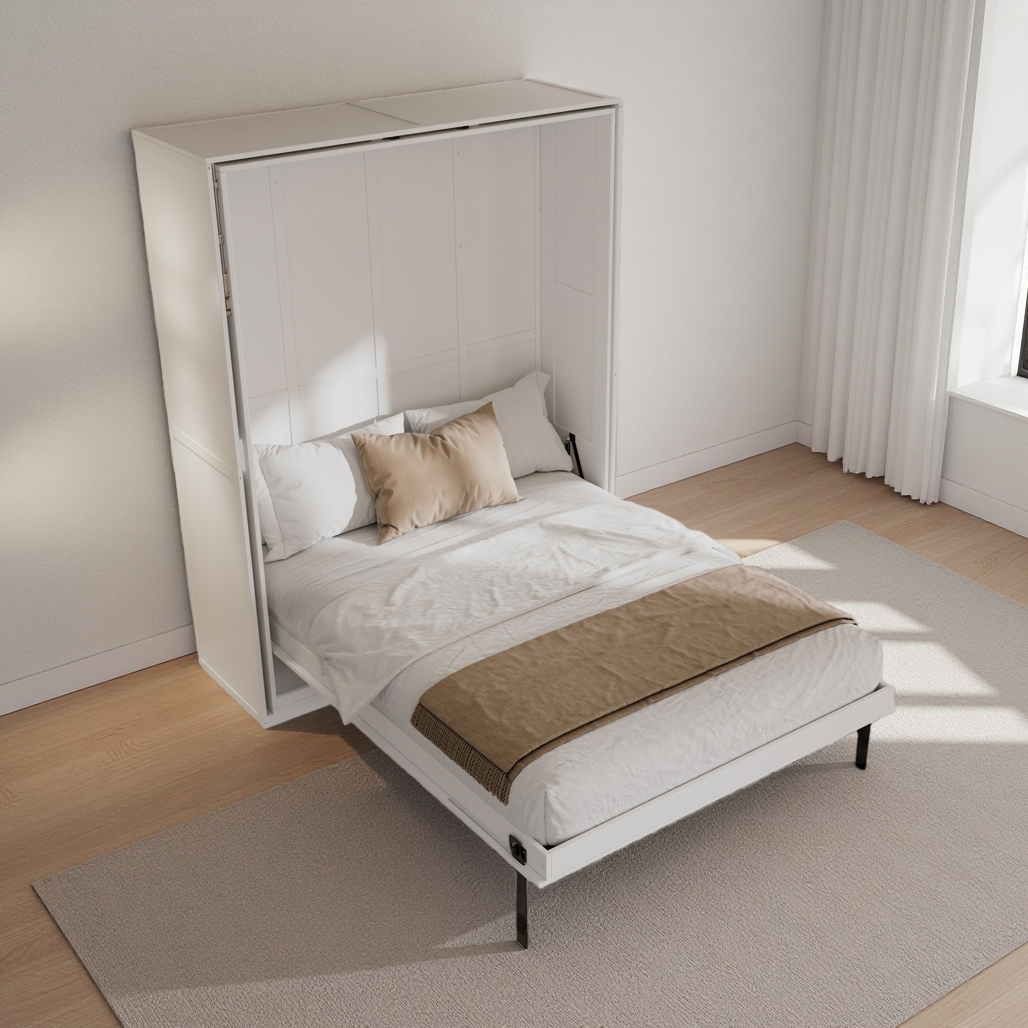 Queen MDF+Pine Wood Rotating Murphy Bed with Hidden Storage Racks, Space-Saving Wall Bed for Home Office & Small Rooms,