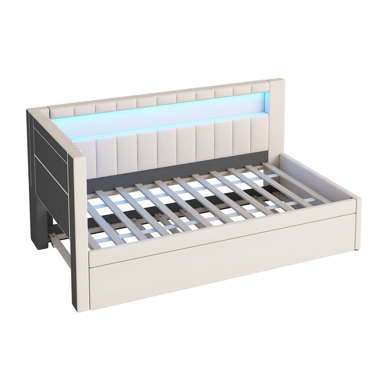 Twin Size Upholstered Platform Bed with USB Ports, LED Lighting, and Trundle, White