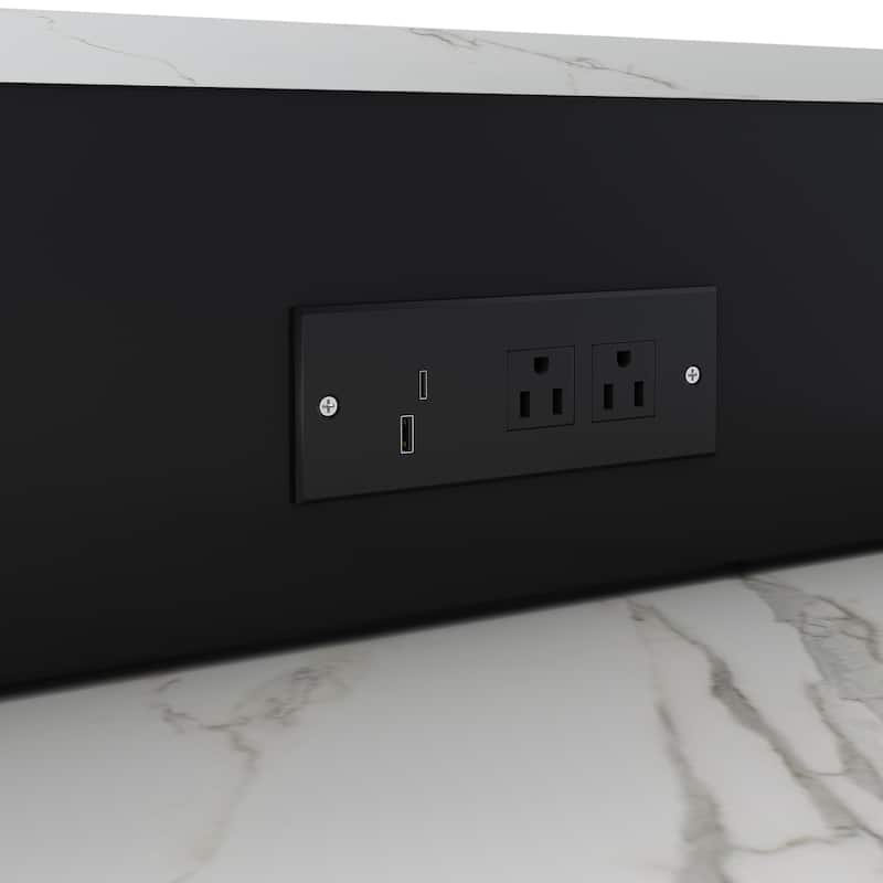 80" Expandable Kitchen Island with Dining Table with Marble-Grain Countertop with Power Outlet