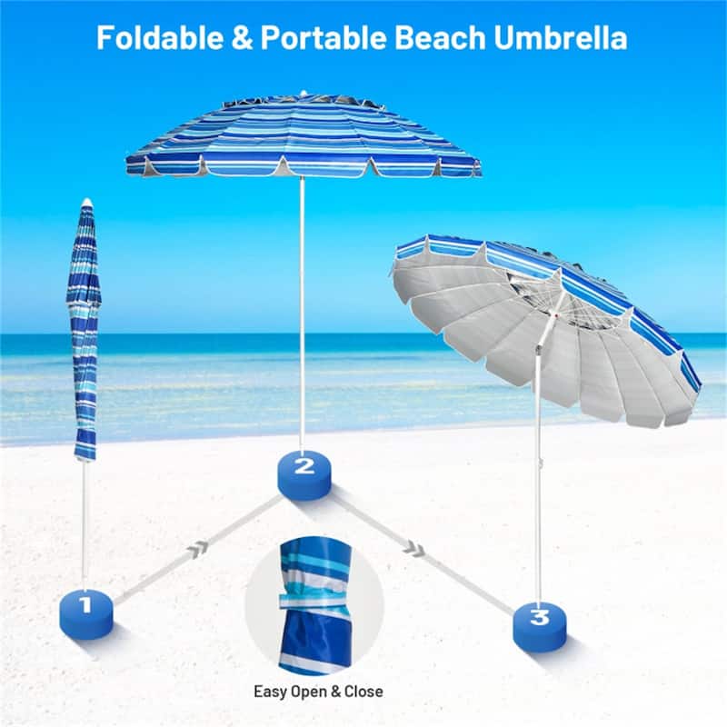 Large 8ft Beach Umbrella with Tilt and 16 Fiberglass Ribs for Beach or Patio Carry Bag Included