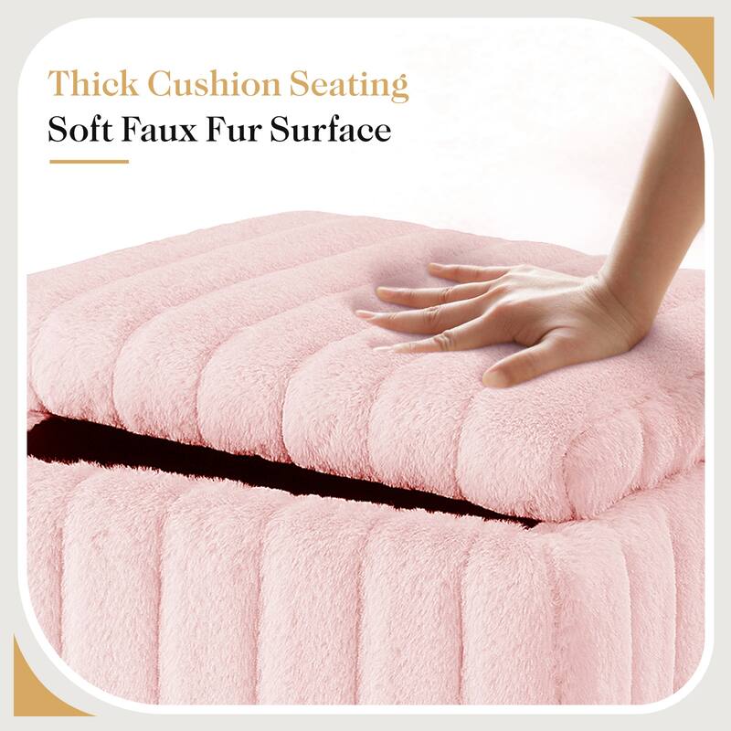 Faux Faric Soft Padded Rectangular Accent Small Ottoman Vanity Stool Chair with Storage & 4 Metal Legs
