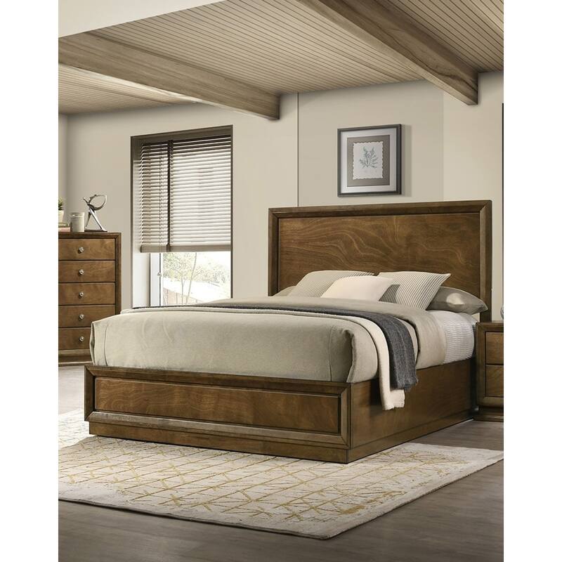 Full Size Walnut Wood Panel Bedframe with High Headboard, Transitional Style