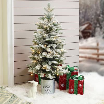 Artificial Snow Flocked Christmas Tree in Metal Pot with Battery-Op Lights with Timer - 36" H x 16" Diameter