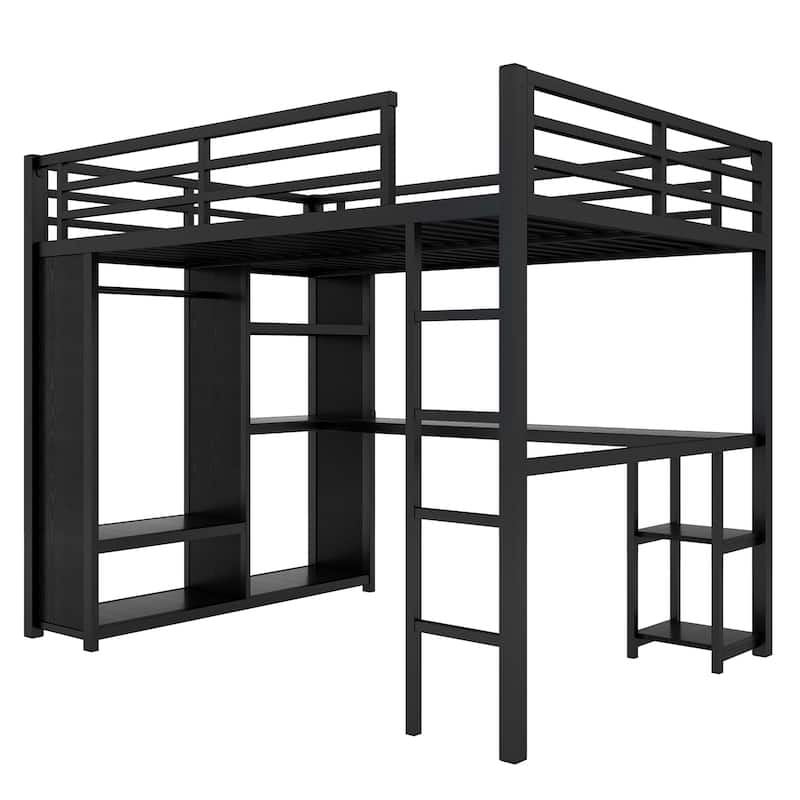 GDFStudio - Sandy Loft Bed Frame with Built-in Wardrobe, Metal Loft Bed with Desk and Storage Shelves