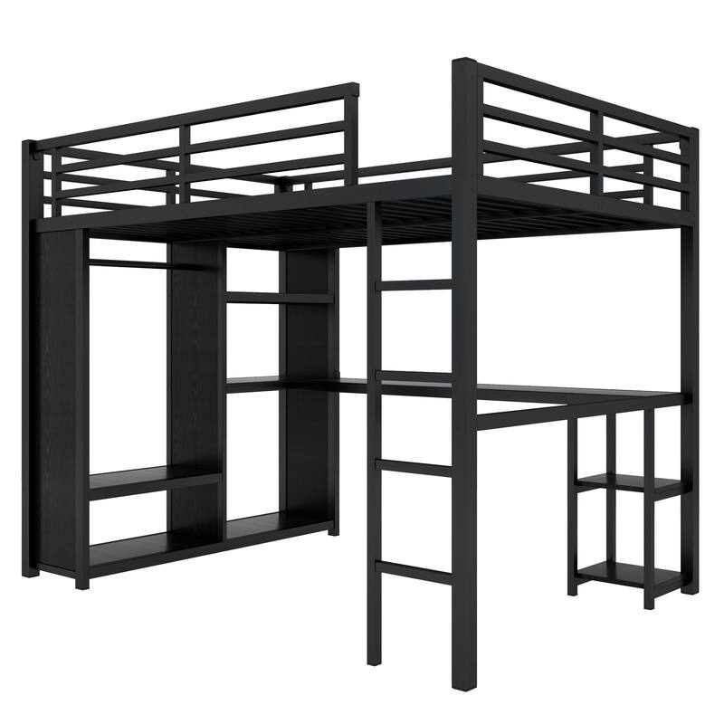 Modern Queen Size Metal Loft Bed with Built-in Wardrobe, Desk and Open Shelves, Storage Bed Frame with Guardrails and Stairs