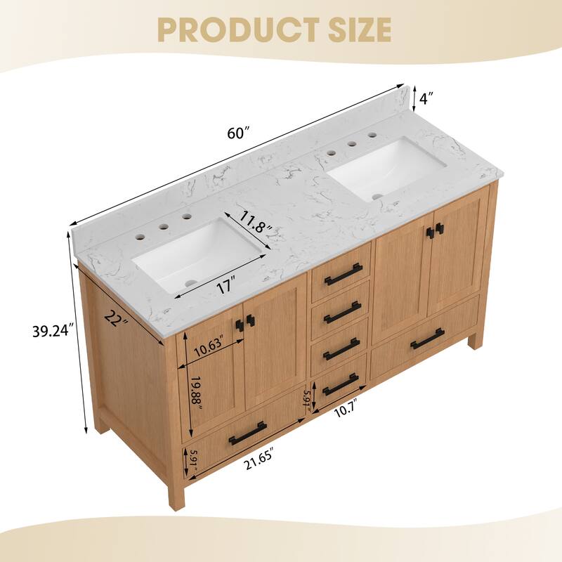 60 inch Solid Wood Freestanding Bath Vanity Engineered Countertop Undermount Rectangular Ceramic Sink - 60 inch