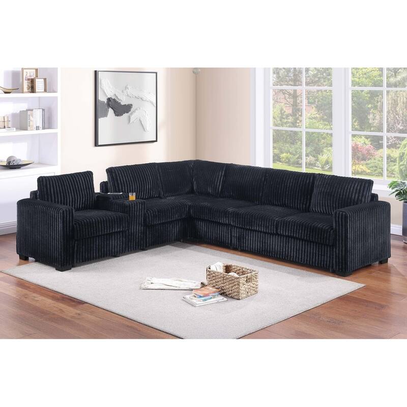 119" Modern L-Shaped Corduroy Sectional Sofa with USB Ports and Cup Holder
