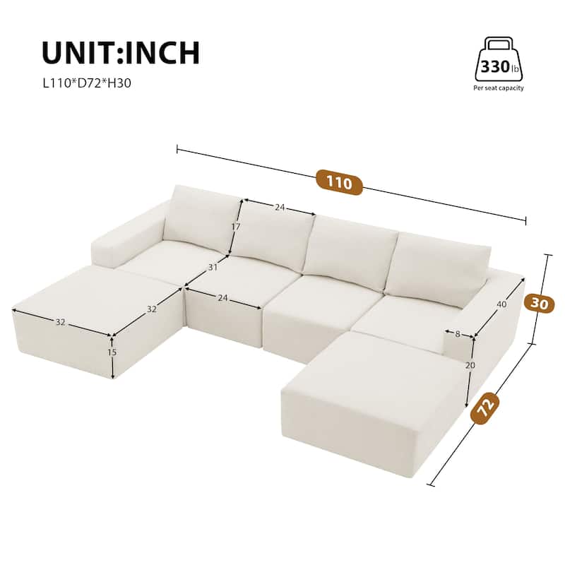 Modular U-Shaped Sectional Sofa with 2 Ottomans, Chenille Cloud Floor Couch, Fully Compressed Upholstered Sofa - Beige