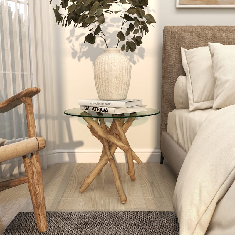 Brown Wood Handmade Tree Branch Accent Table with Clear Glass Top