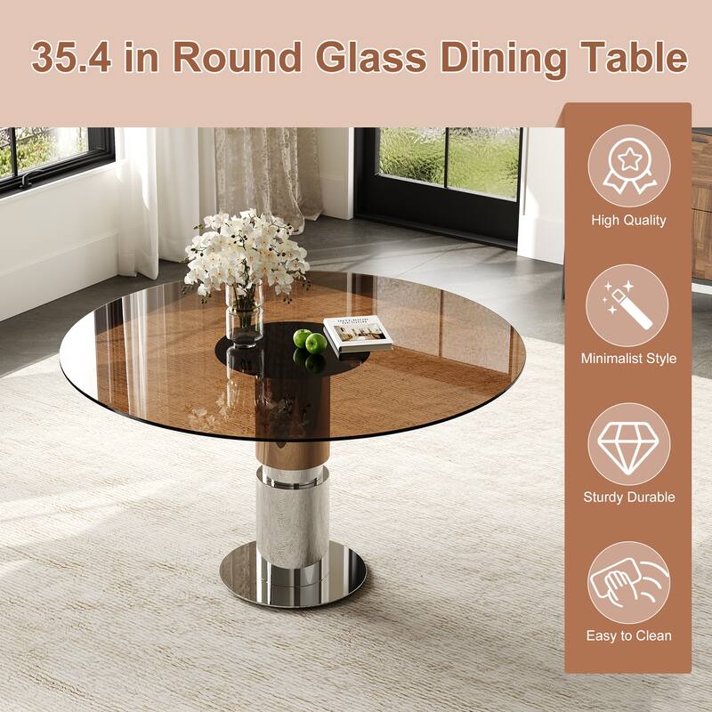 35-Inch Round Glass Dining Table, Tempered Glass Tabletop, Stainless Steel Legs, Suitable for 2-4 People - Brown