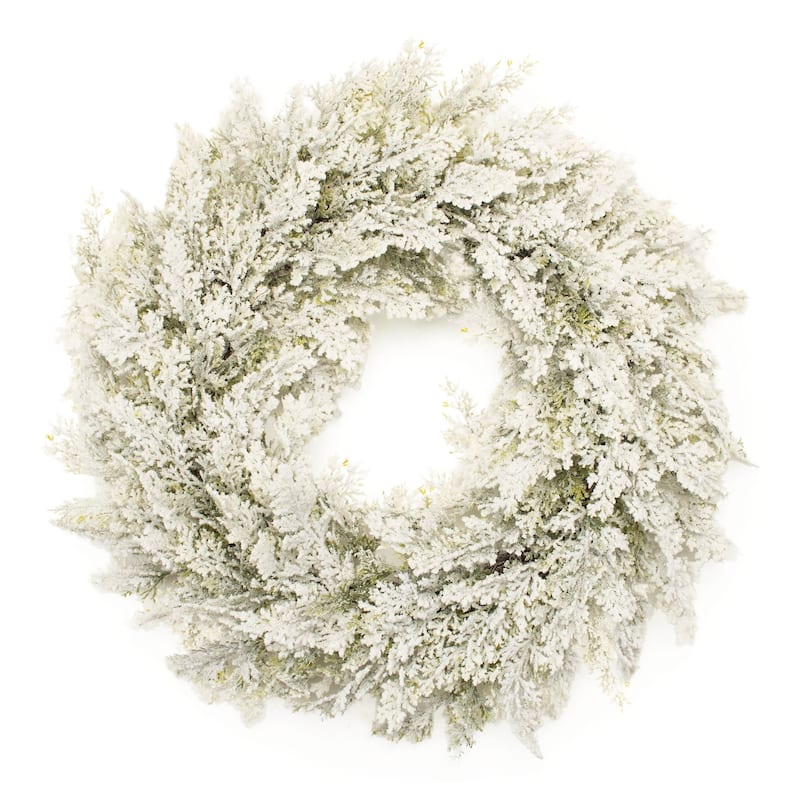 24” Snowy Flocked Pine Wreath White & Green Winter Decor with Natural Twig Base, Indoor Holiday Decoration for Mantels - White, Green