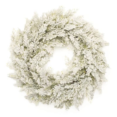 24” Snowy Flocked Pine Wreath White & Green Winter Decor with Natural Twig Base, Indoor Holiday Decoration for Mantels