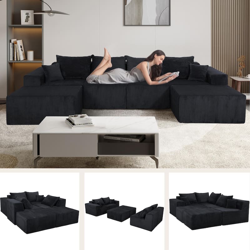 GDFStudio - 6-Piece Modular U-Shaped Sectional Sofa with Chaise Lounge - Black
