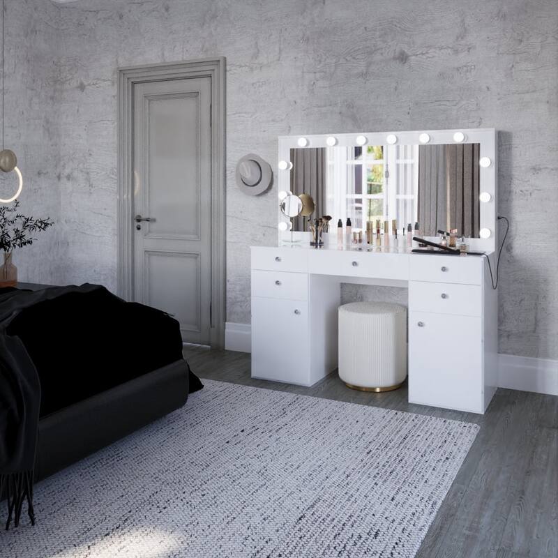 Hollywood Large Makeup Vanity Desk with 12 Light Bulbs; Modern Dressing Table with Multiple Storage Drawers & Crystal Knobs