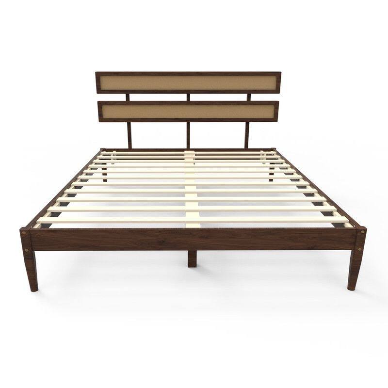 Solid Wood Full Bed Frame Platform Bedframe with Rattan Headboard