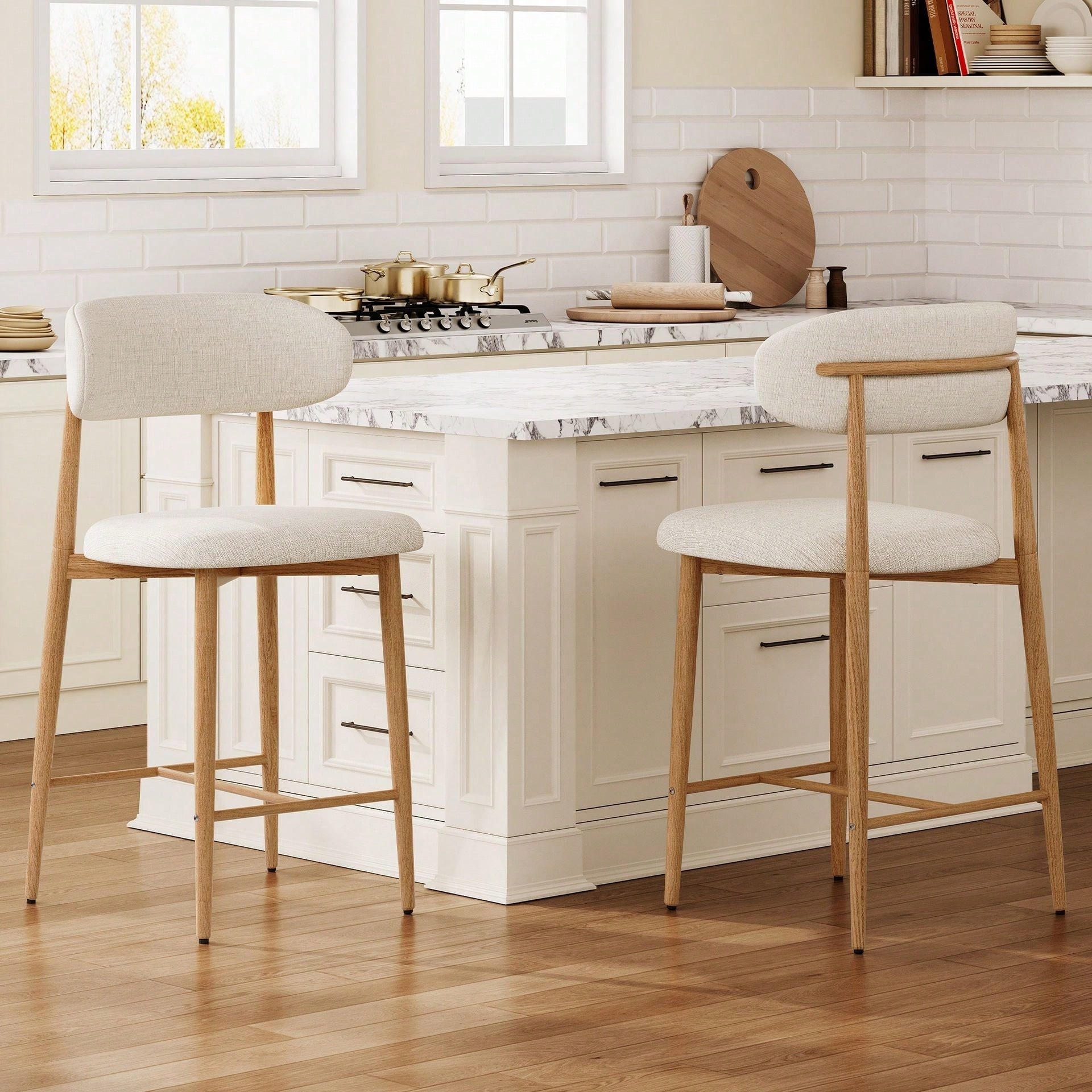 Set of 2 Beige Counter Height Bar Stools, Modern Upholstered Counter Stools with Metal Legs for Kitchen Island Dining Room