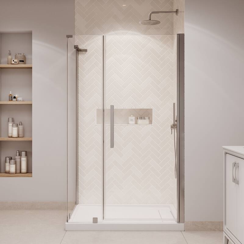 OVE Decors Pasadena Corner Frameless Pivot Shower Door Kit with Base Pan, 2025