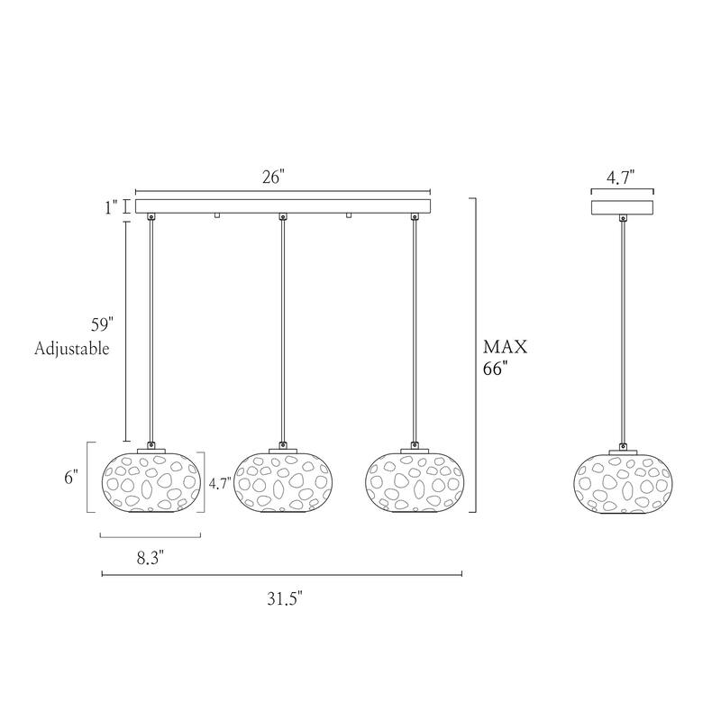 Modern 3-Light Gold Linear Chandelier Colored Ripple Glass Island Pendant Lights - W31.5" x H66" Max