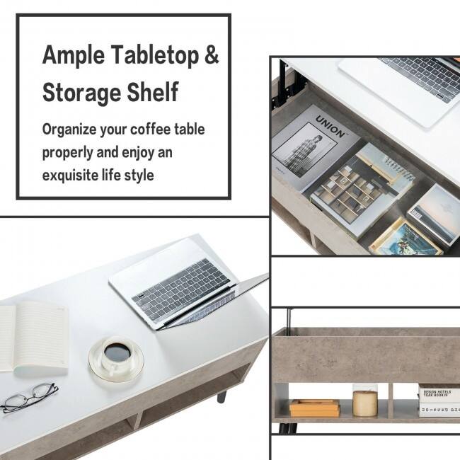 31.5 Inch Lift Top Coffee Table with Hidden Compartment and 2 Storage Shelves - 31.5" x 15.5" x 17.5" (L x W x H)