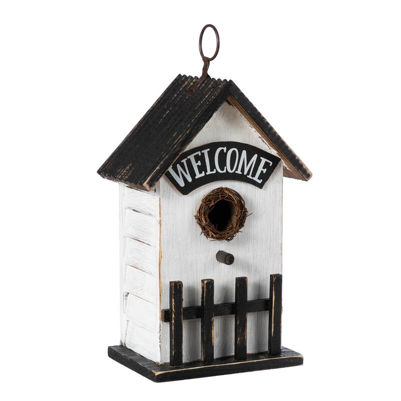 Glitzhome 11"H Washed White Solid Wood Fence Outdoor Garden Birdhouse