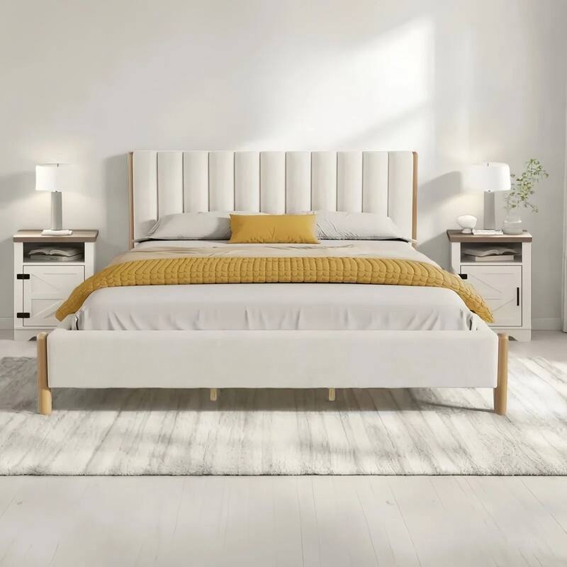 3-Pieces Bedroom Sets ,Bed Frame with Boucle Upholstered Thick Headboard, Solid Wooden Legs,Nightstands Set of 2 with Barn Door - Queen