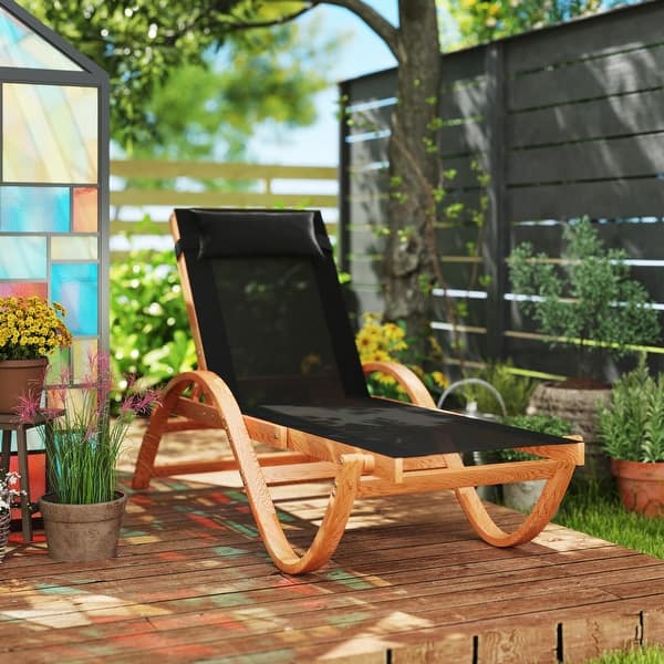 Outsunny Larch Wood Lounge Chair, 4-Level Adjustable Tanning Chair, Full Flat Patio Lounger, Black