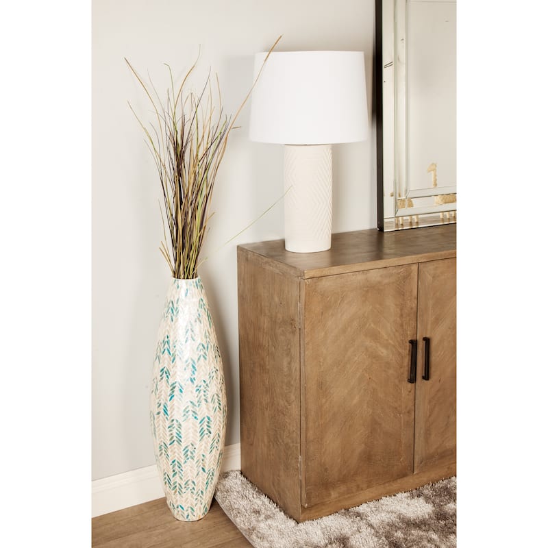Mother of Pearl Shell Handmade Tall Mosaic Vase with Blue Accents - White - Roche River Decor - 10"W x 10"L x 33"H