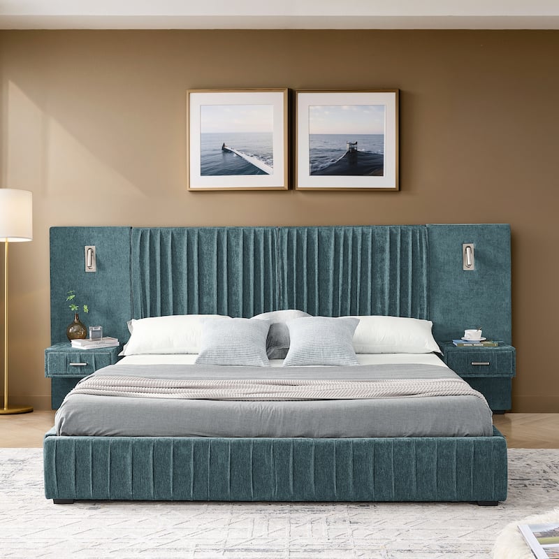 Queen Size Upholstered Bed Frame with Chenille fabric with pleated design,Grounded Queen Size Platform Bed