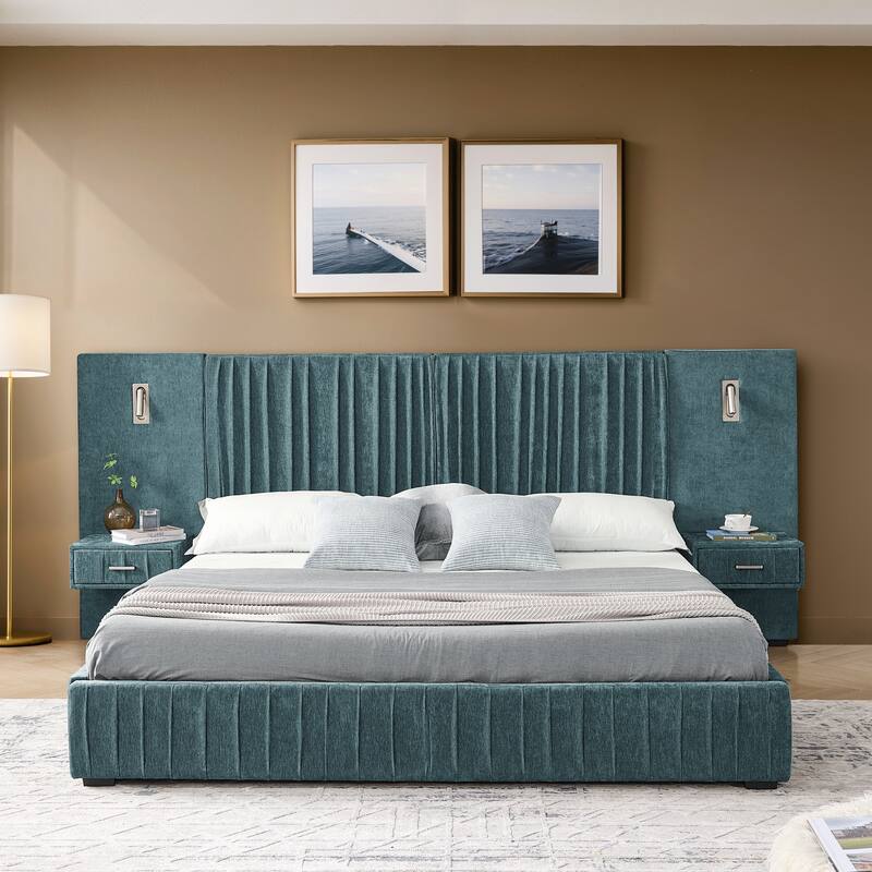 Queen Upholstered Bed Frame with Headboard, Chenille Fabric & No Box Spring