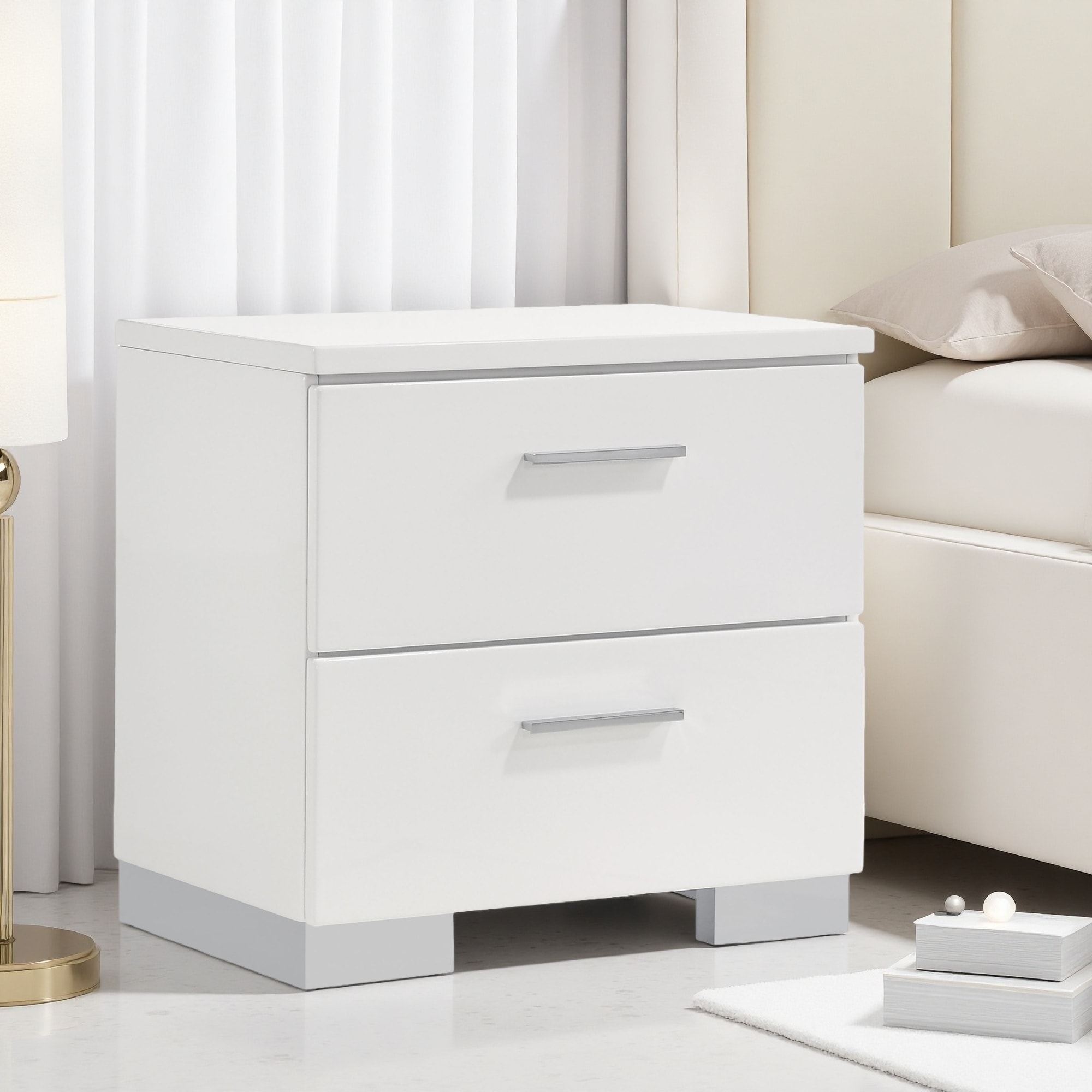 23.25"L High Gloss Wooden Nightstand with 2 Smooth-Glide Drawers - Chrome Handles & Feet Bedside Table