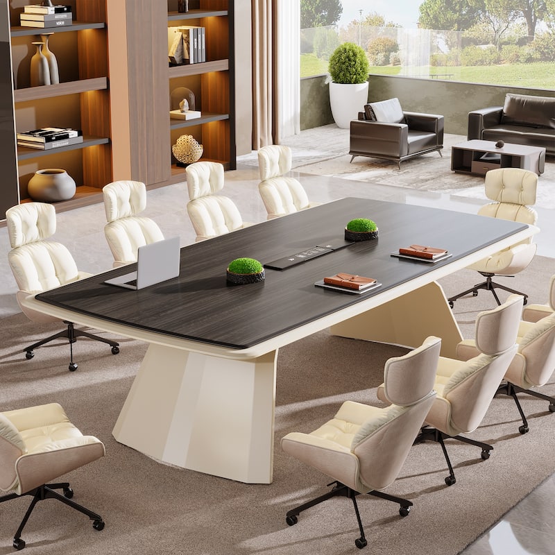 Conference Table With Stainless Steel Base And Recessed Power Strip Socket - Grey+White