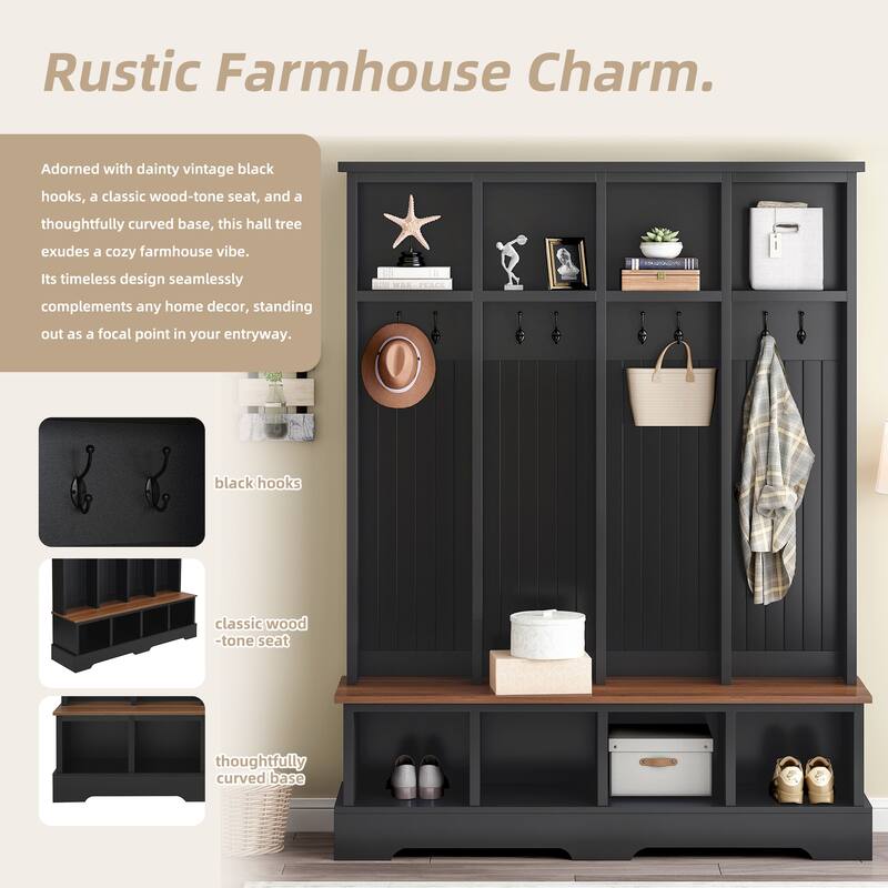 Farmhouse 59"W Wide Hall Tree with 8 Hooks, Practical Entryway Bench with Open Compartments