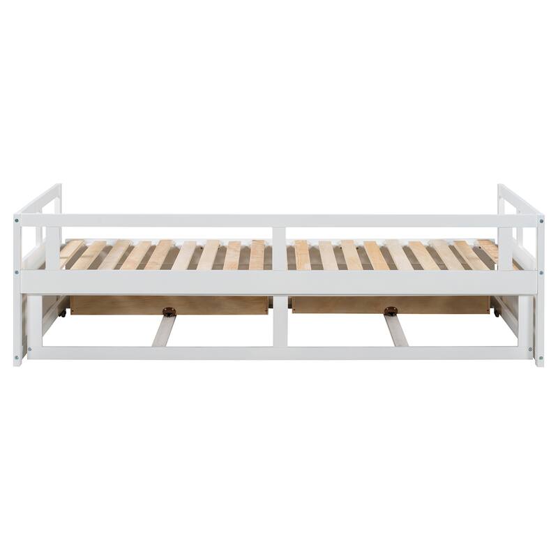 Pine Wood Daybed with Pull-Out Trundle and Two Storage Drawers, Twin to King